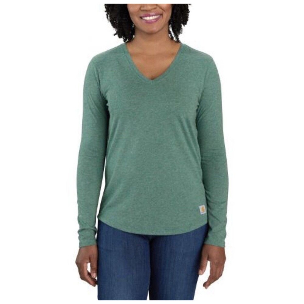 Carhartt Womens V-Neck Long Sleeve Shirt Small Relaxed Fit Green Patch Base